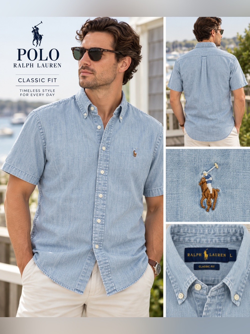 Ralph Lauren Mens Large Chambray Shirt Blue Short Sleeve Pony Logo Cotton